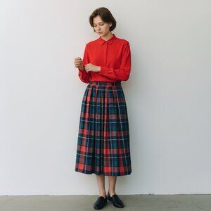 Lands End Plaid Skirt Petite 12 Red Tartan Plaid 100% Wool